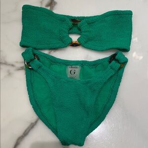 Hunza G Emerald Green Textured Bandeau Bikini Set with Gold Rings